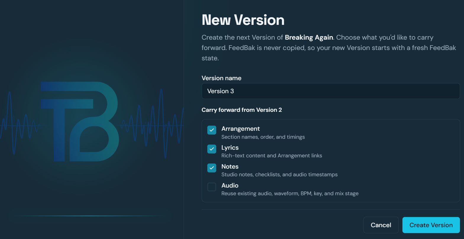 Create New Version dialog with options to carry forward arrangement, lyrics, notes and audio