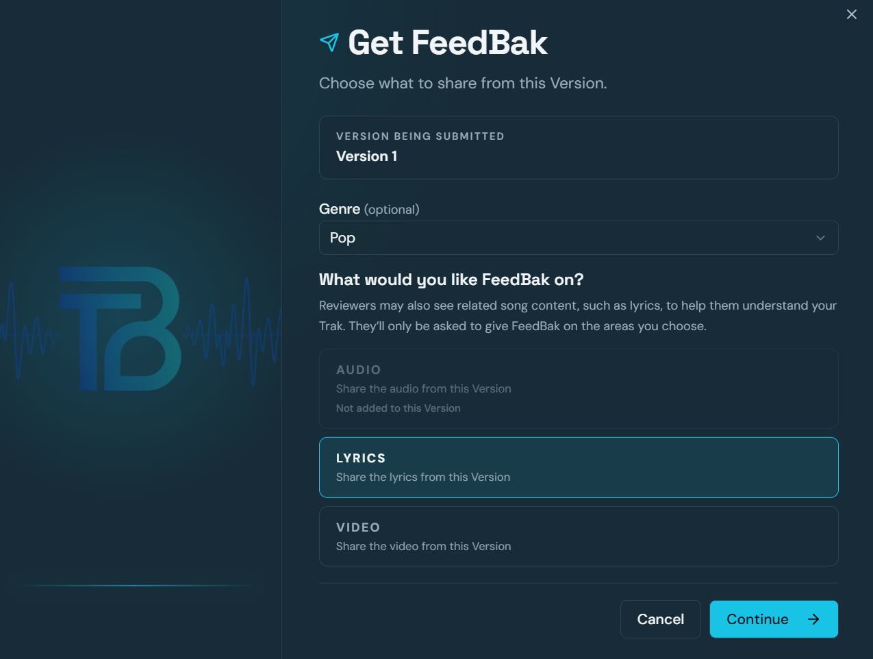 Get FeedBak request screen for choosing a version and requesting thoughts on audio, lyrics or video
