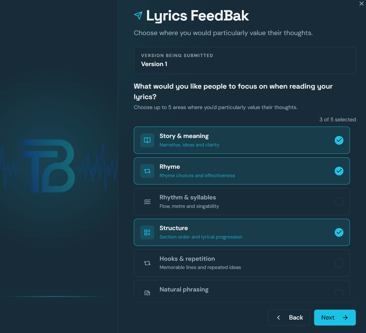 Lyrics FeedBak request with focus areas such as rhyme, structure, meaning and phrasing
