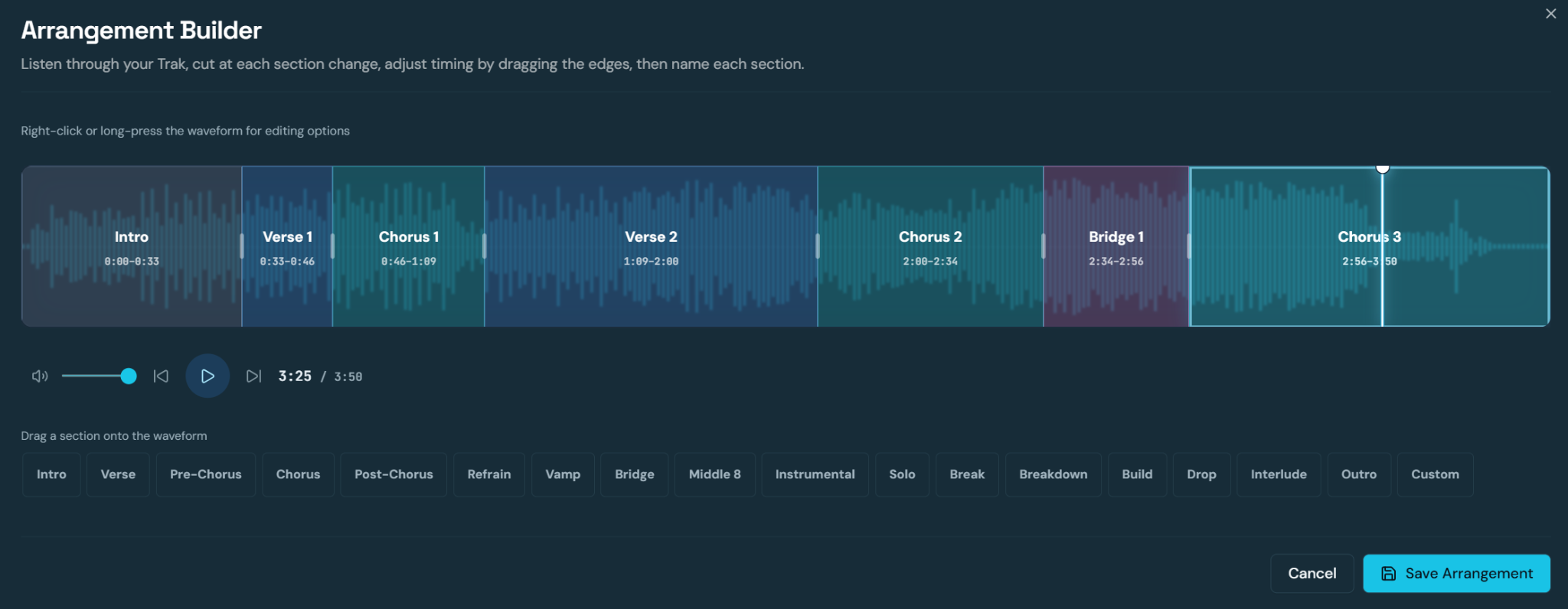 Arrangement Builder showing the full song waveform divided into coloured, named sections along a timeline