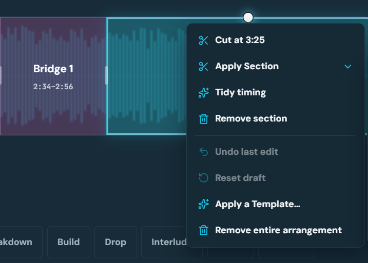 Arrangement editing context menu with Cut, Apply Section, Tidy Timing and other section controls