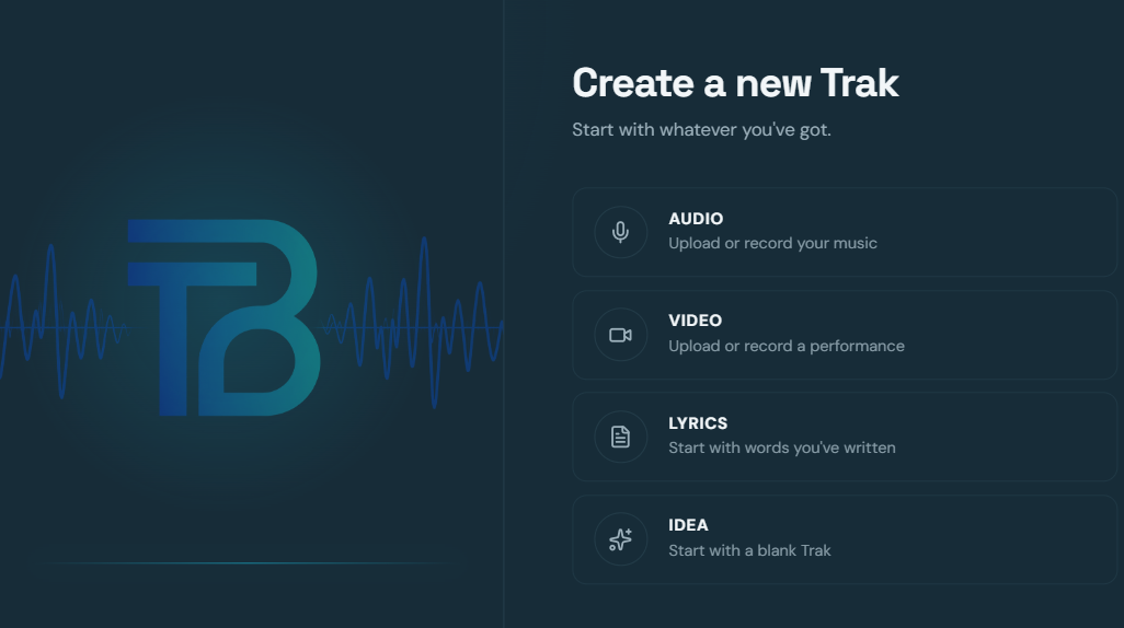 Create a new Trak panel offering four starting options: Audio, Video, Lyrics and Idea