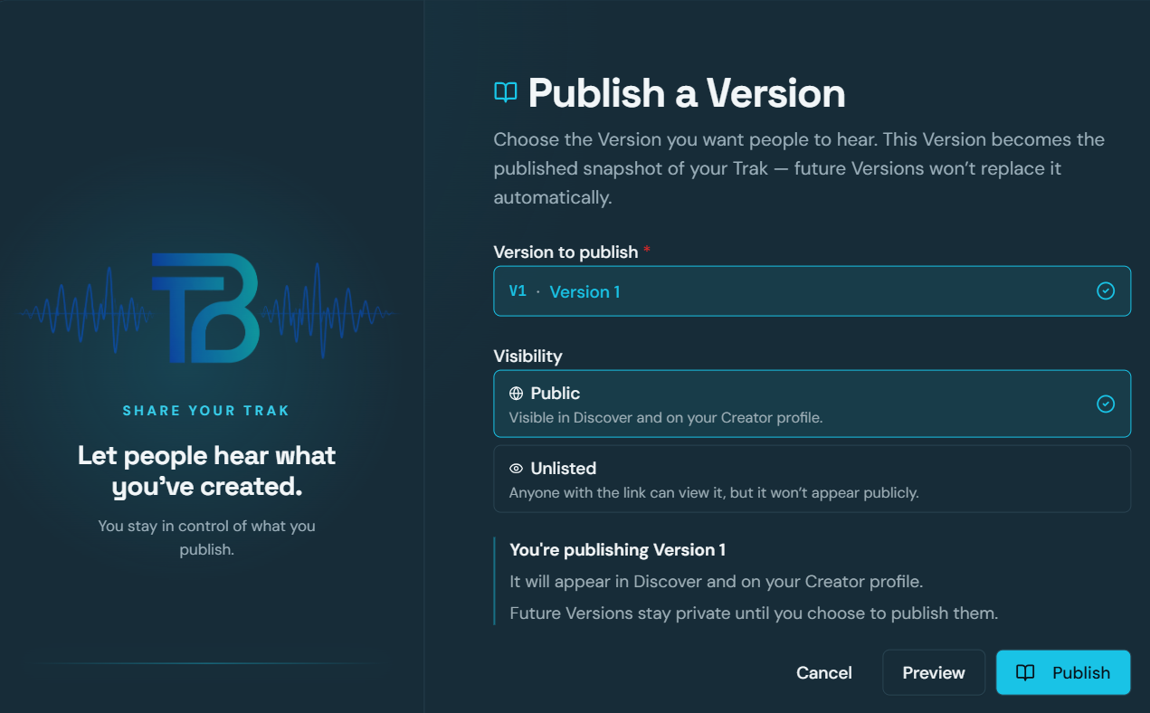 TrakBak Publish a Version screen, where a songwriter selects which version of their Trak to publish and chooses Public or Unlisted visibility before publishing.