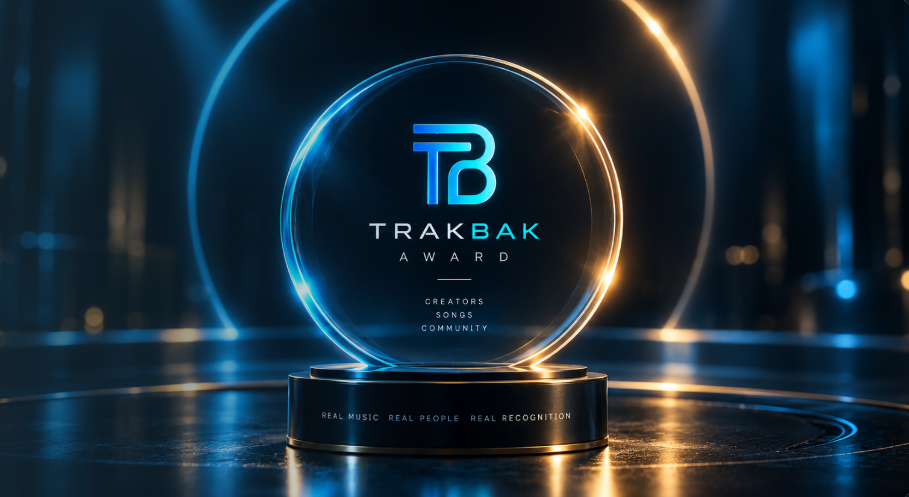 Circular glass TrakBak Award illuminated by blue and warm gold light, celebrating creators, songs and community