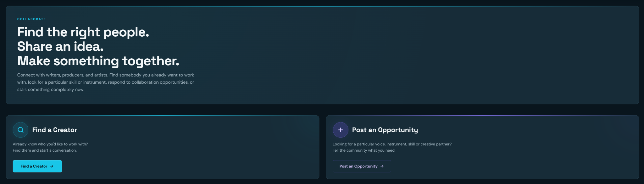 TrakBak Collaborate page introducing Find a Creator and Post an Opportunity as two ways to find the right people