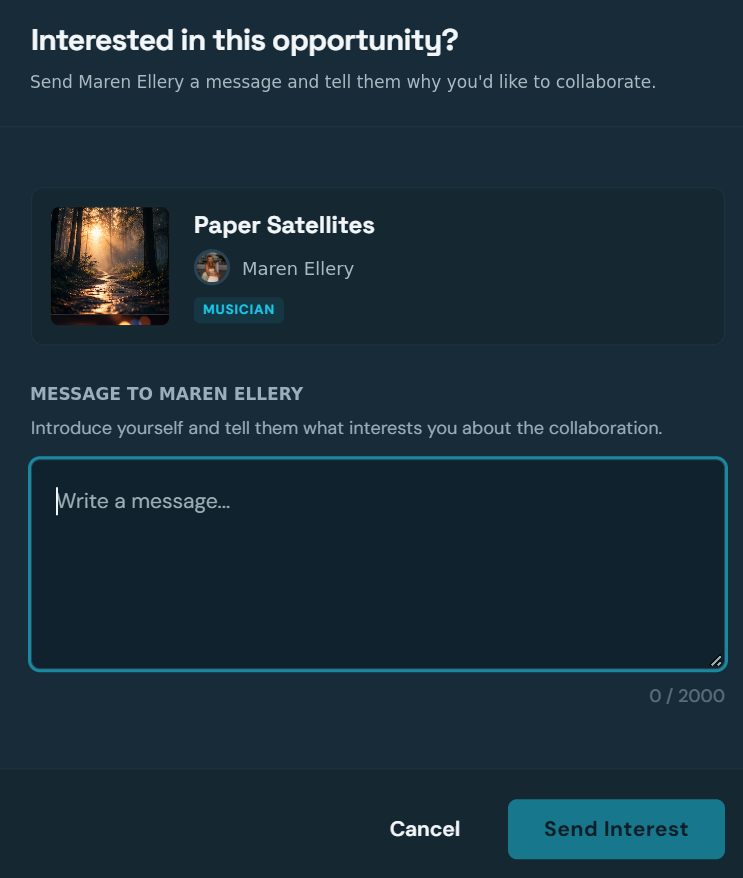 Interested in this opportunity dialog, where a creator can send Maren Ellery a message about collaborating on Paper Satellites