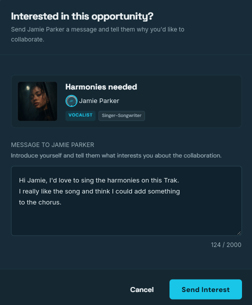 Interested in this opportunity message form, where Alex Morgan introduces himself to Jamie Parker about the Harmonies needed opportunity