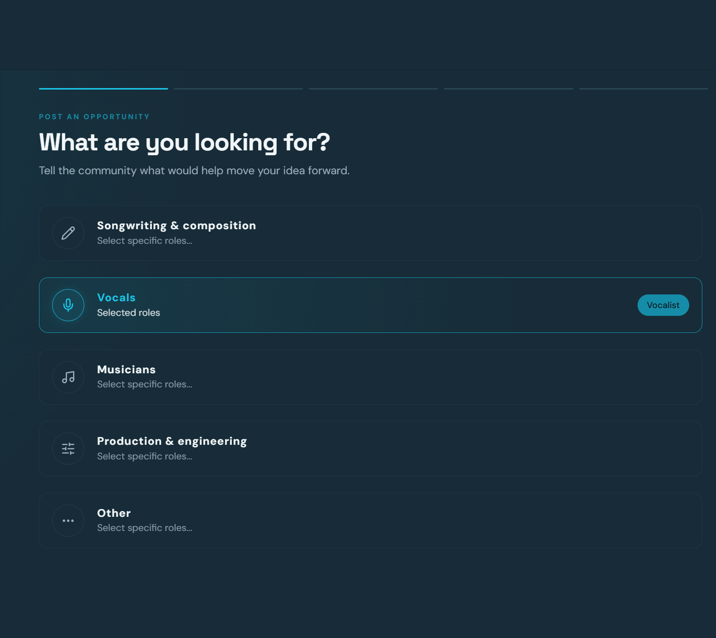 Post an Opportunity step one, What are you looking for, with Vocals selected and the Vocalist role chosen