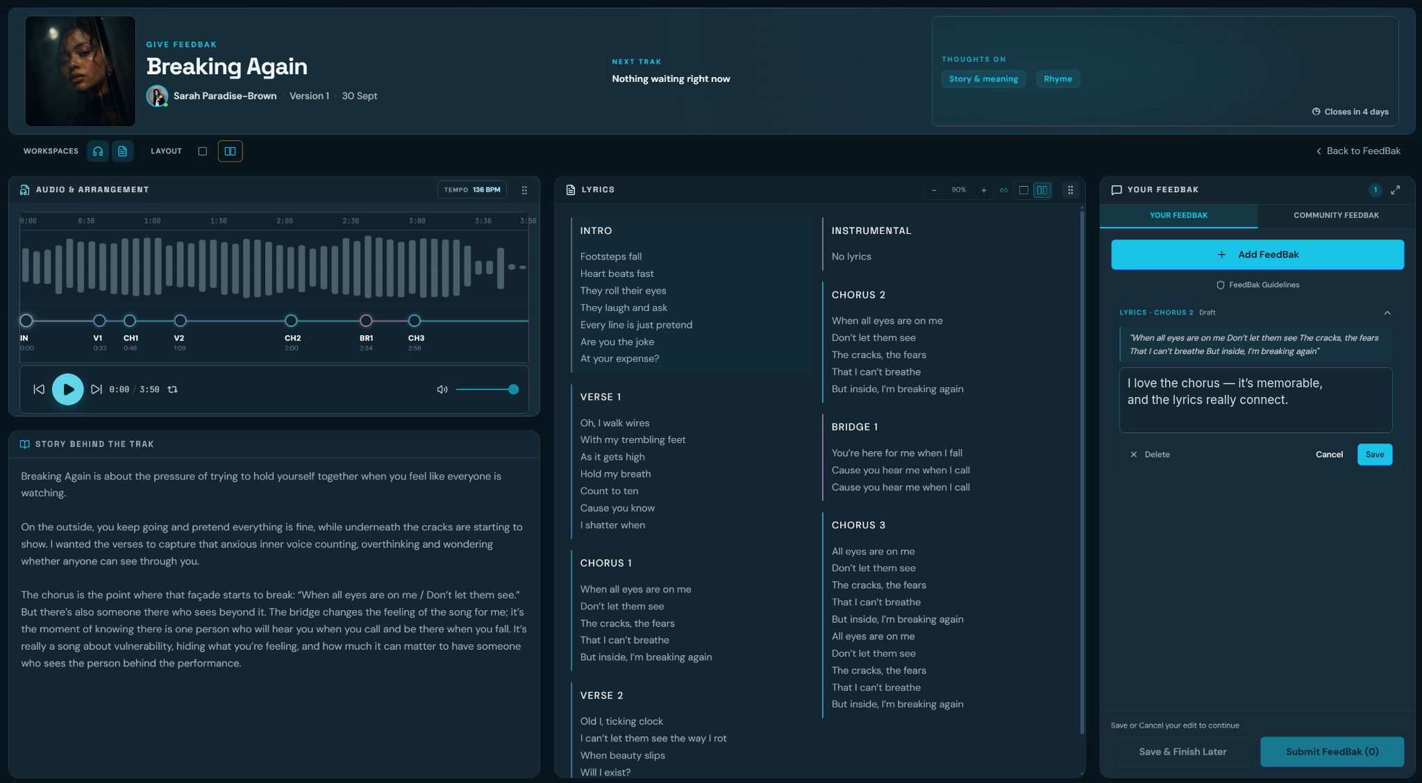 Give FeedBak workspace bringing together the audio player, lyrics, the creator story and the Your FeedBak panel