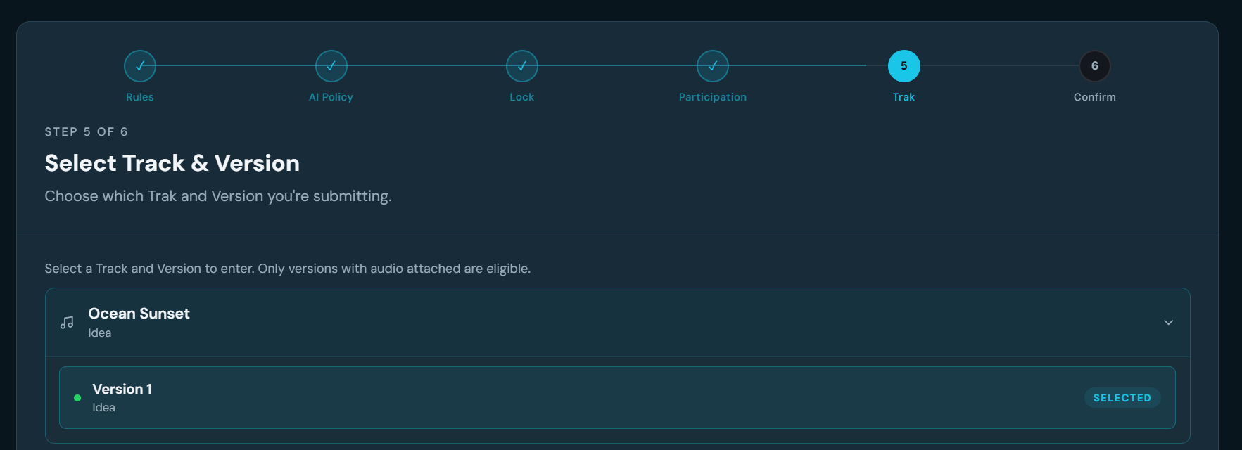 Competition entry step five of six, Select Track and Version, showing the Rules, AI Policy, Lock, Participation, Trak and Confirm progress stages and Version 1 selected for entry