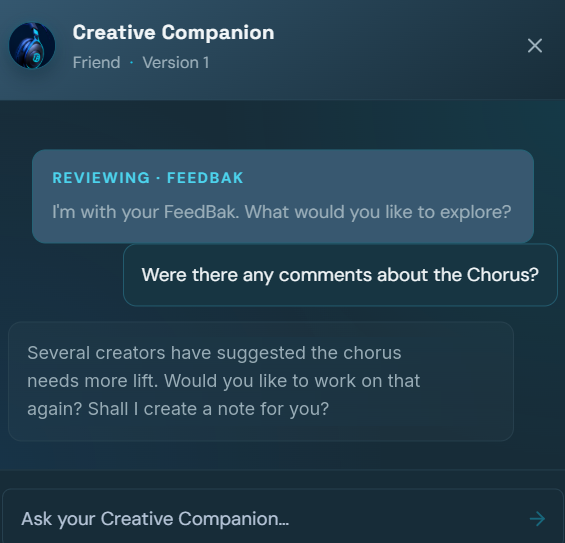 Creative Companion summarising several creators’ suggestions that the chorus needs more lift, asking whether to revisit it and offering to create a note