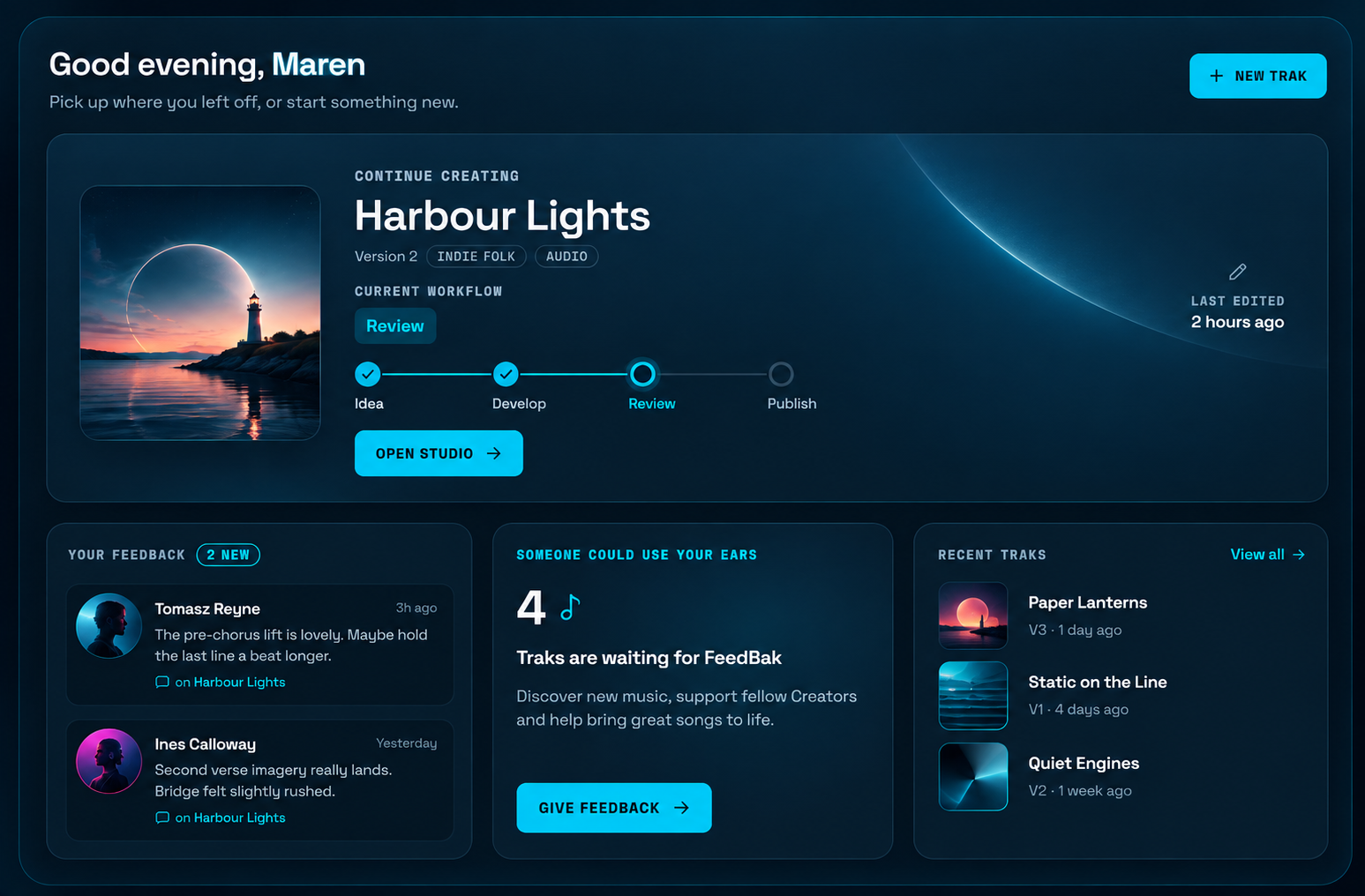 Creator Dashboard greeting Maren, with Harbour Lights ready for Review, two new FeedBak comments, four Traks awaiting FeedBak and recent Traks Paper Lanterns, Static on the Line and Quiet Engines