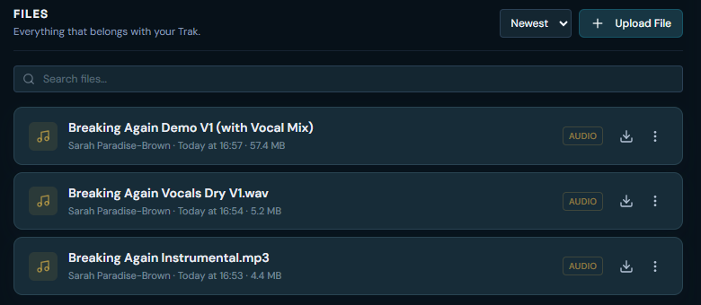 Studio Files workspace with demo vocal mix, dry vocals and instrumental audio files, upload, sorting, search and download controls