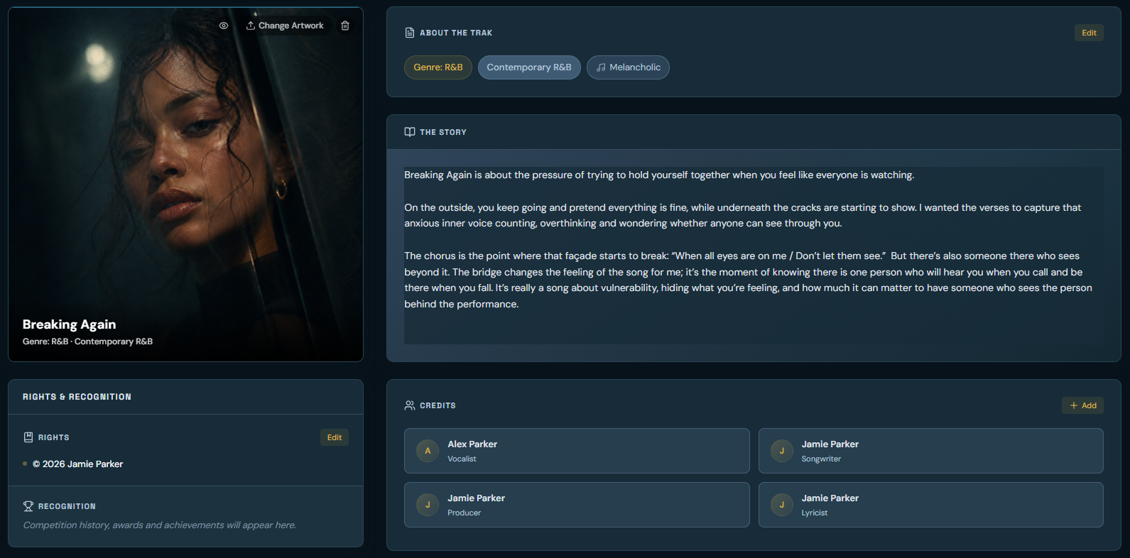 Inside Trak view with artwork, story, genre, rights and contributor information