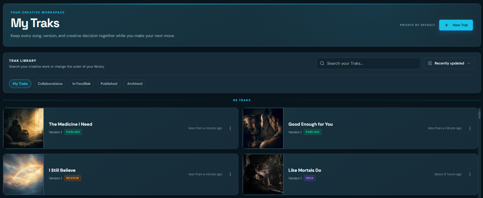 My Traks library with the Trak Library search, filter tabs, existing songs and the New Trak button