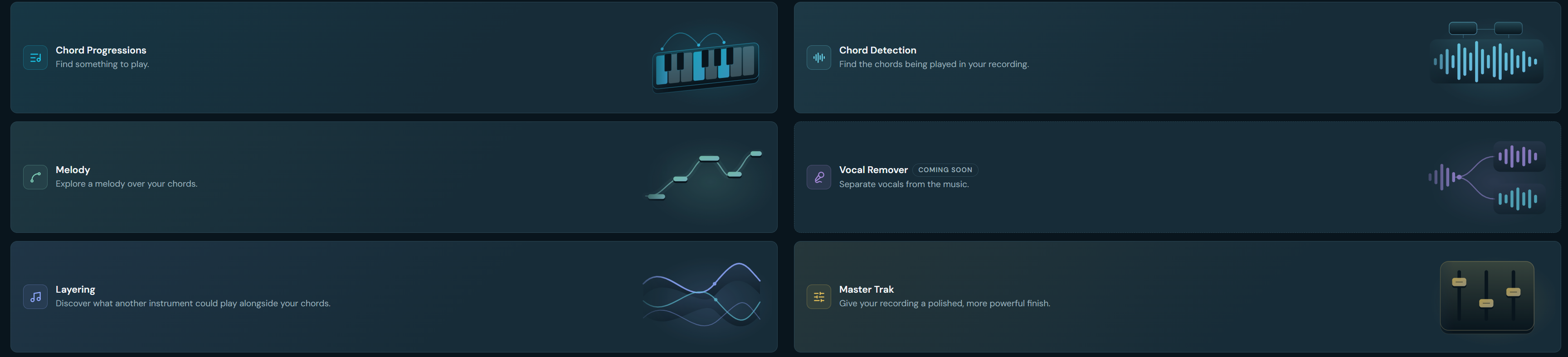 Music Lab launcher showing Chord Progressions, Melody, Layering, Chord Detection, Master Trak, and Vocal Remover marked Coming Soon.