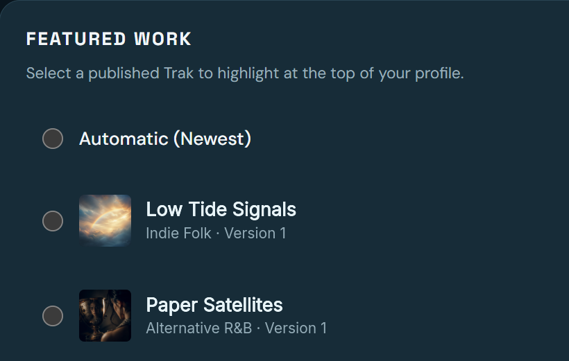 Featured Work settings with Automatic (Newest), Low Tide Signals in Indie Folk and Paper Satellites in Alternative R&B as profile spotlight options