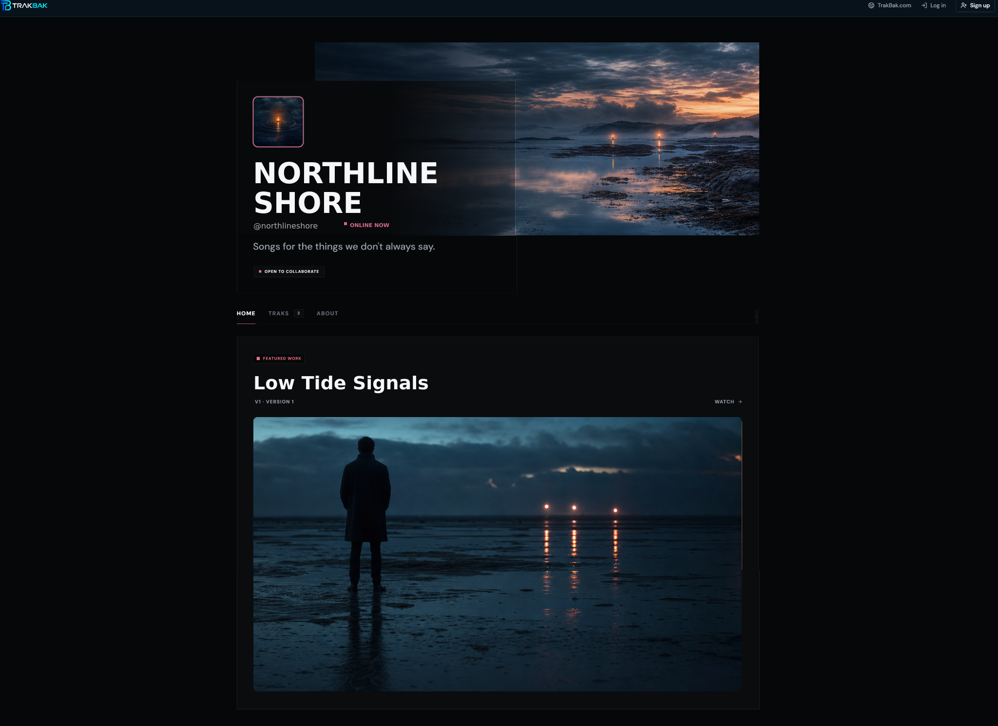 Northline Shore's public TrakBak profile with a people-free coastal banner, beacon avatar, open-to-collaborate status, Home, Traks and About tabs, and Low Tide Signals as featured work with video artwork