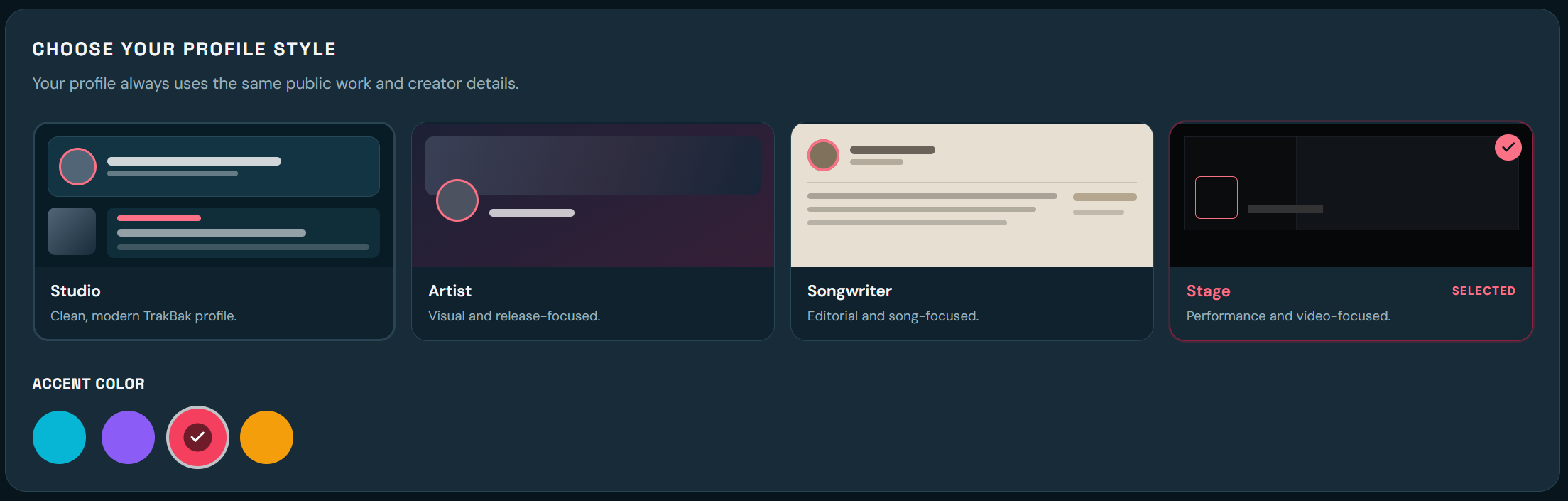 Choose Your Profile Style settings showing Studio, Artist, Songwriter and Stage profile options and accent colour choices