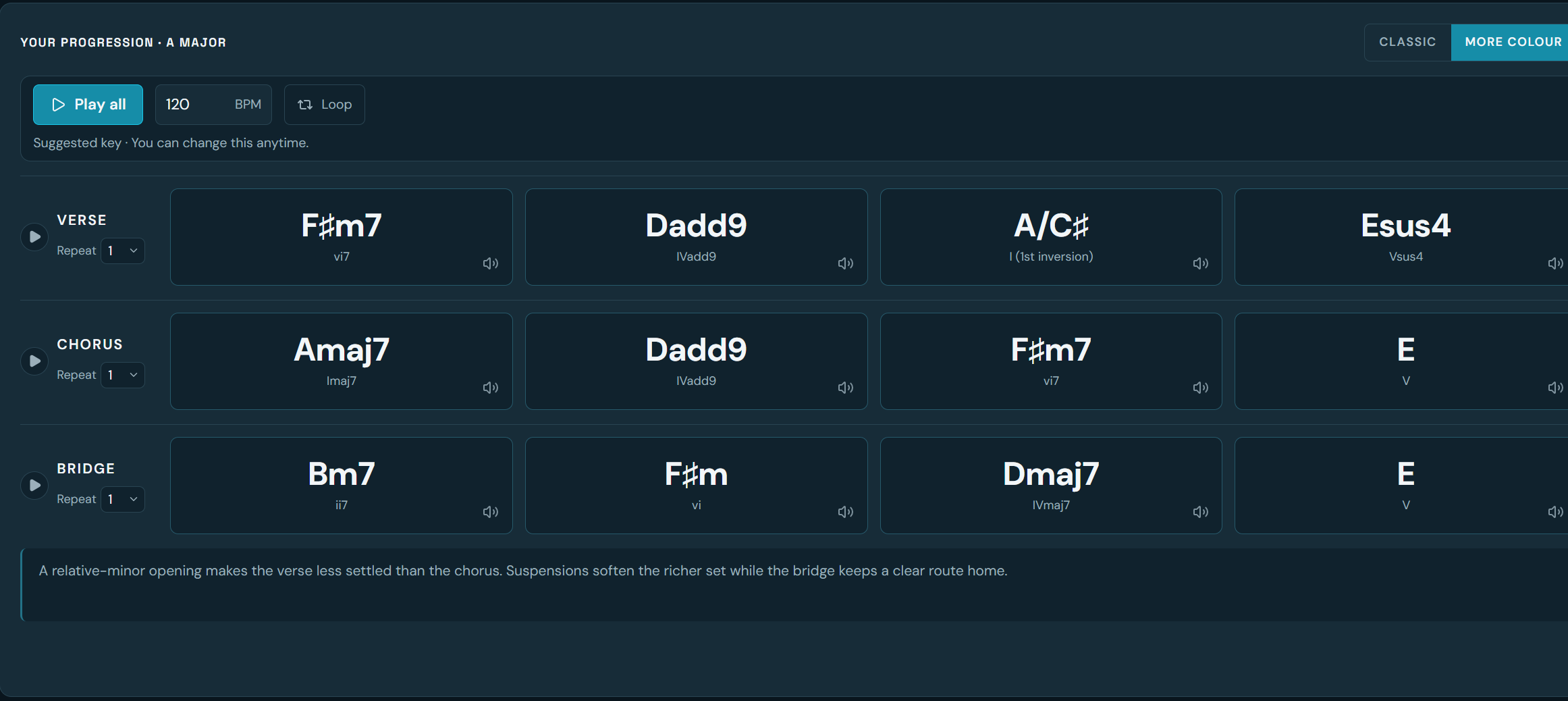 Chord progression workspace showing verse, chorus and bridge arrangements and playback controls.