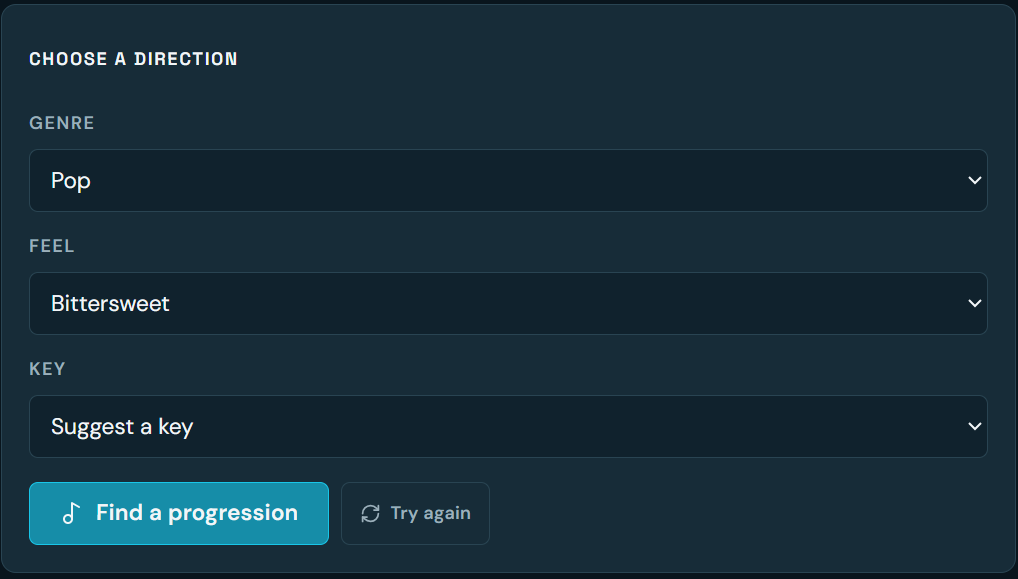 Chord Progressions direction selector, with genre, feel, key and Find a progression controls.