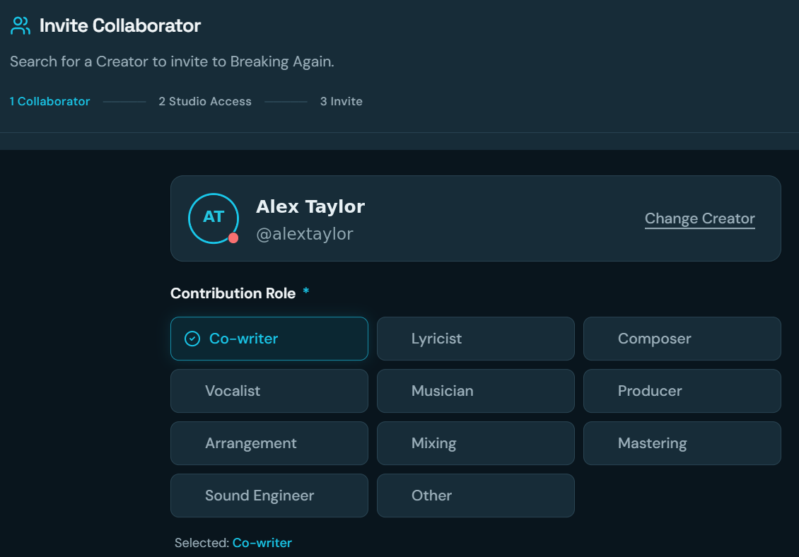 Cropped genuine Invite Collaborator workflow with modal heading, step indicator, selected creator and all contribution role choices
