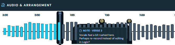 Audio and Arrangement waveform showing a Verse 2 note about vocal timing at its timestamp