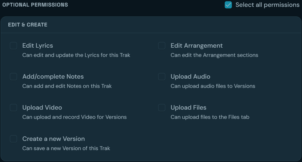 Optional permissions and select-all control, with editing lyrics and arrangements, adding notes, uploading audio, video and files, and creating a new version