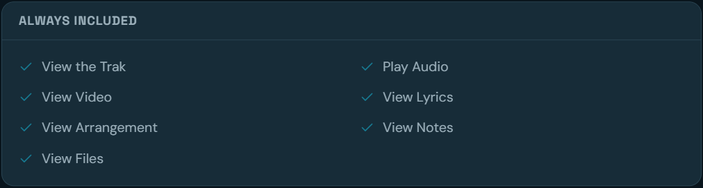 Always included permissions to view the Trak, video, lyrics, arrangement, notes and files, and play audio