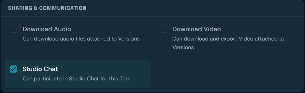 Sharing and communication permissions for downloading audio and video, and Studio Chat access, with original selection states