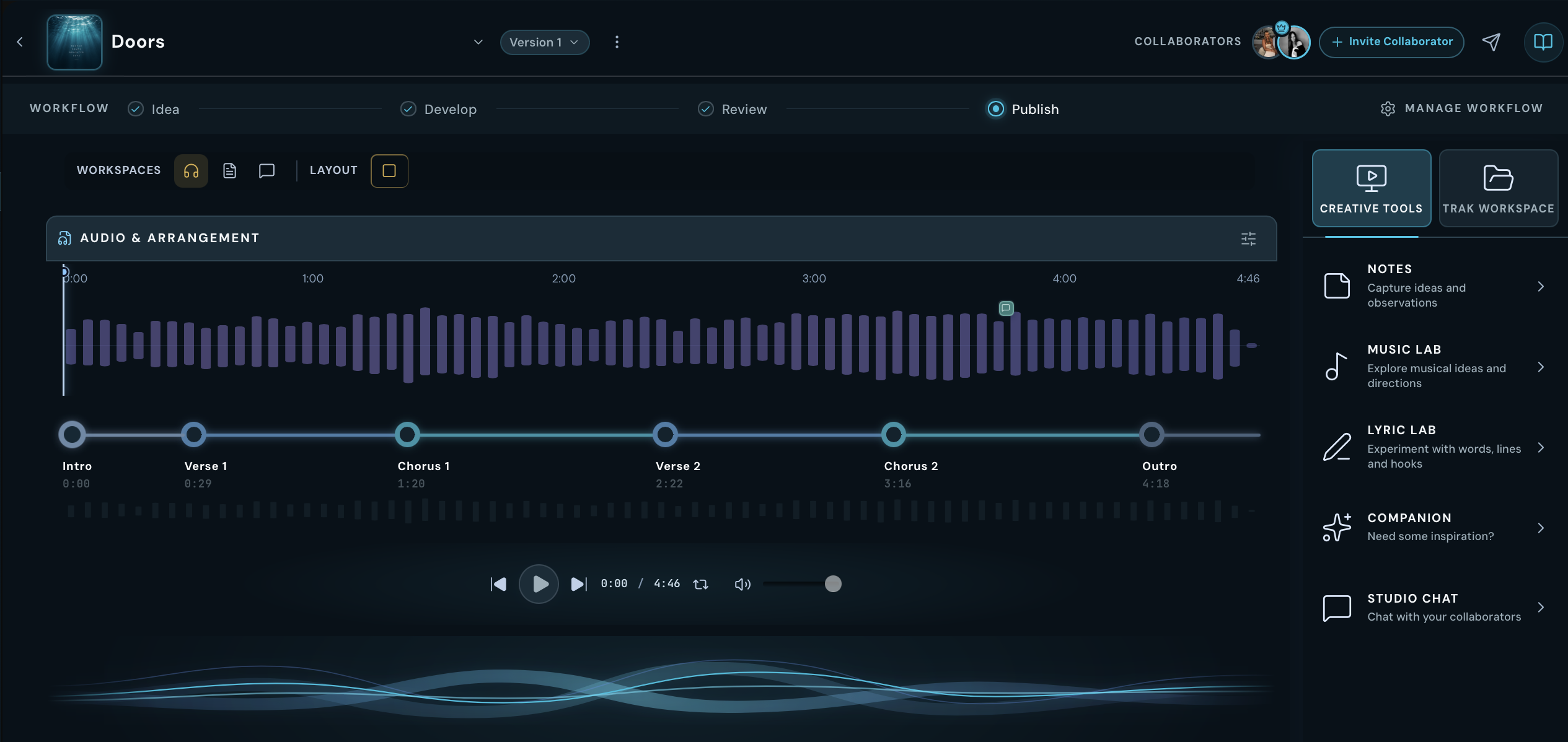 The TrakBak Studio workspace showing audio arrangement, song versions and creative tools